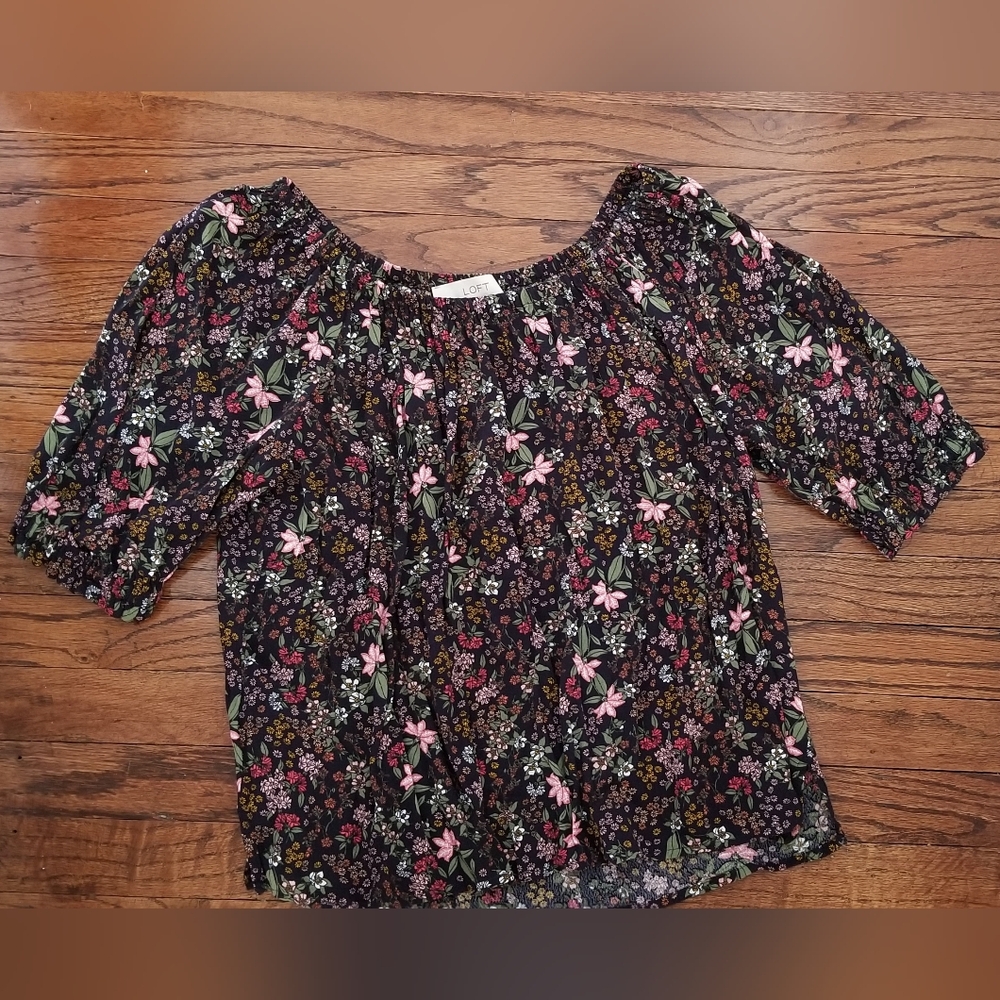 LOFT Floral Blouse - Medium, Navy Blue, Green, Pink, Yellow